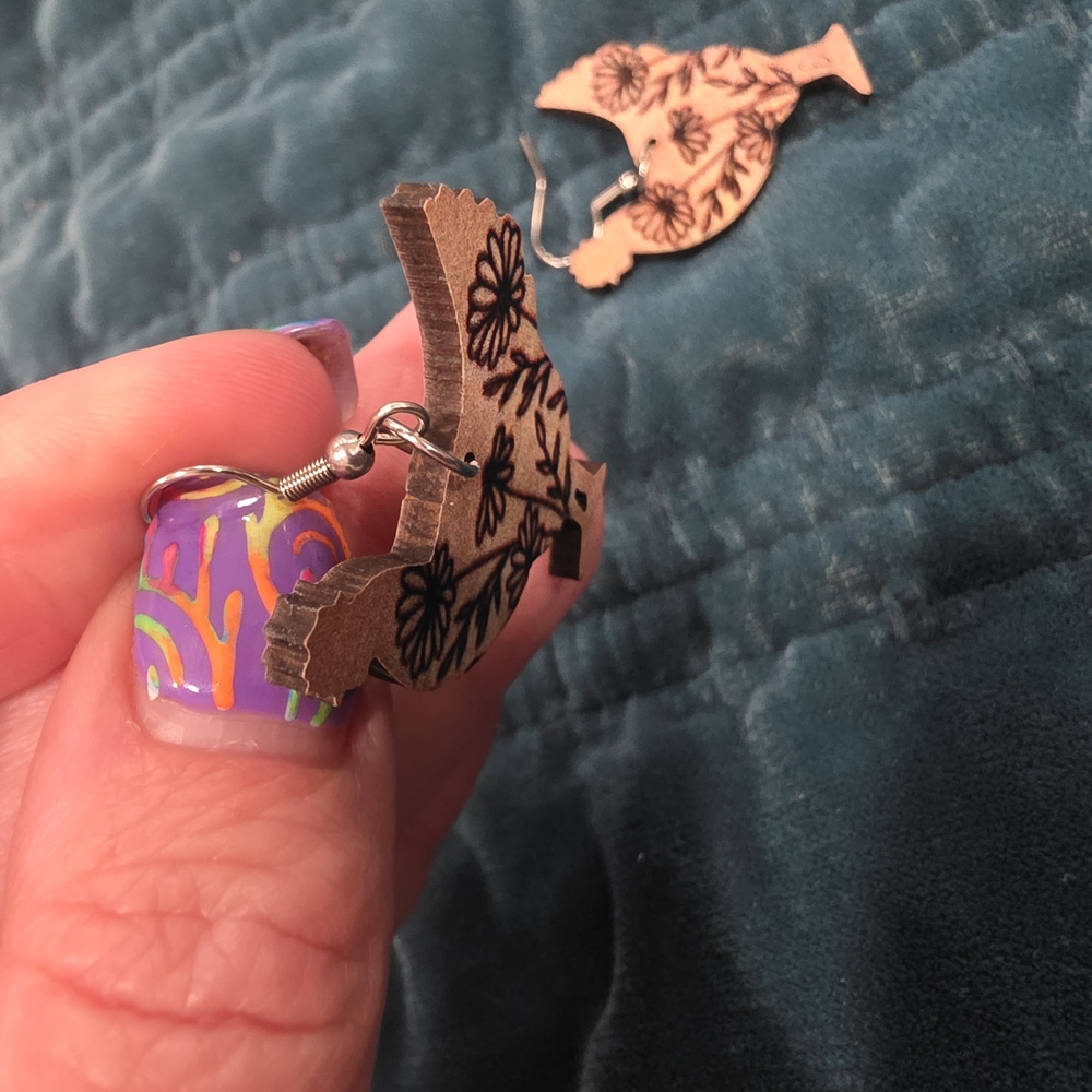 Floral Chicken Wooden Earrings - Picture 5 of 6